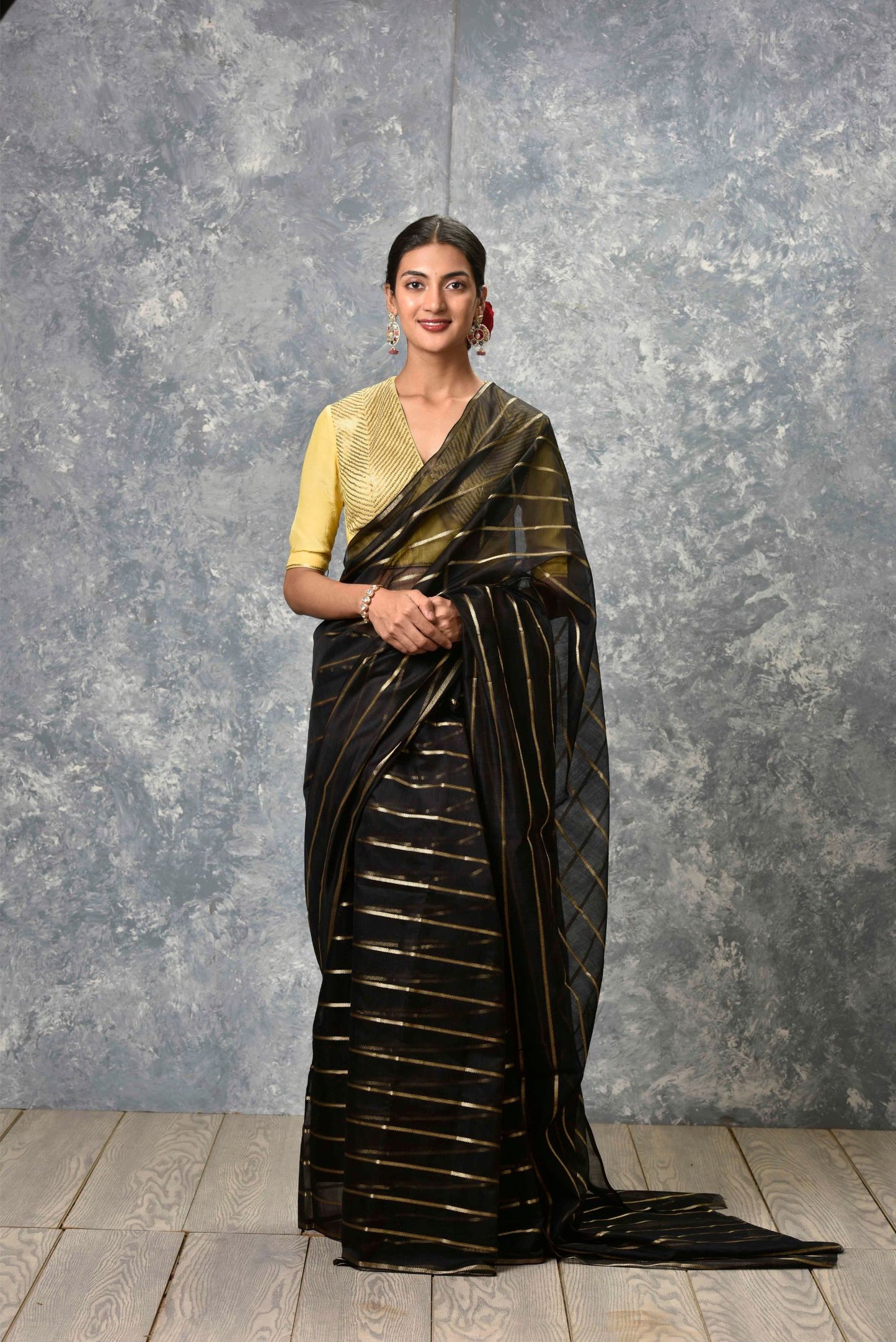 black chanderi with gold stripe Chanderi Saree & unstitched blouse Set