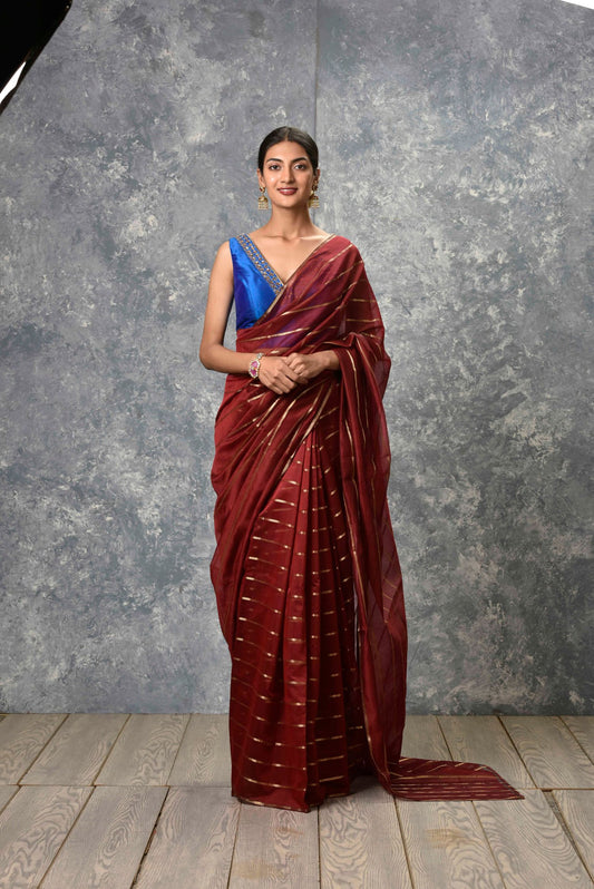 Maroon saree withgold stripe Chanderi Saree & unstitched blouse Set