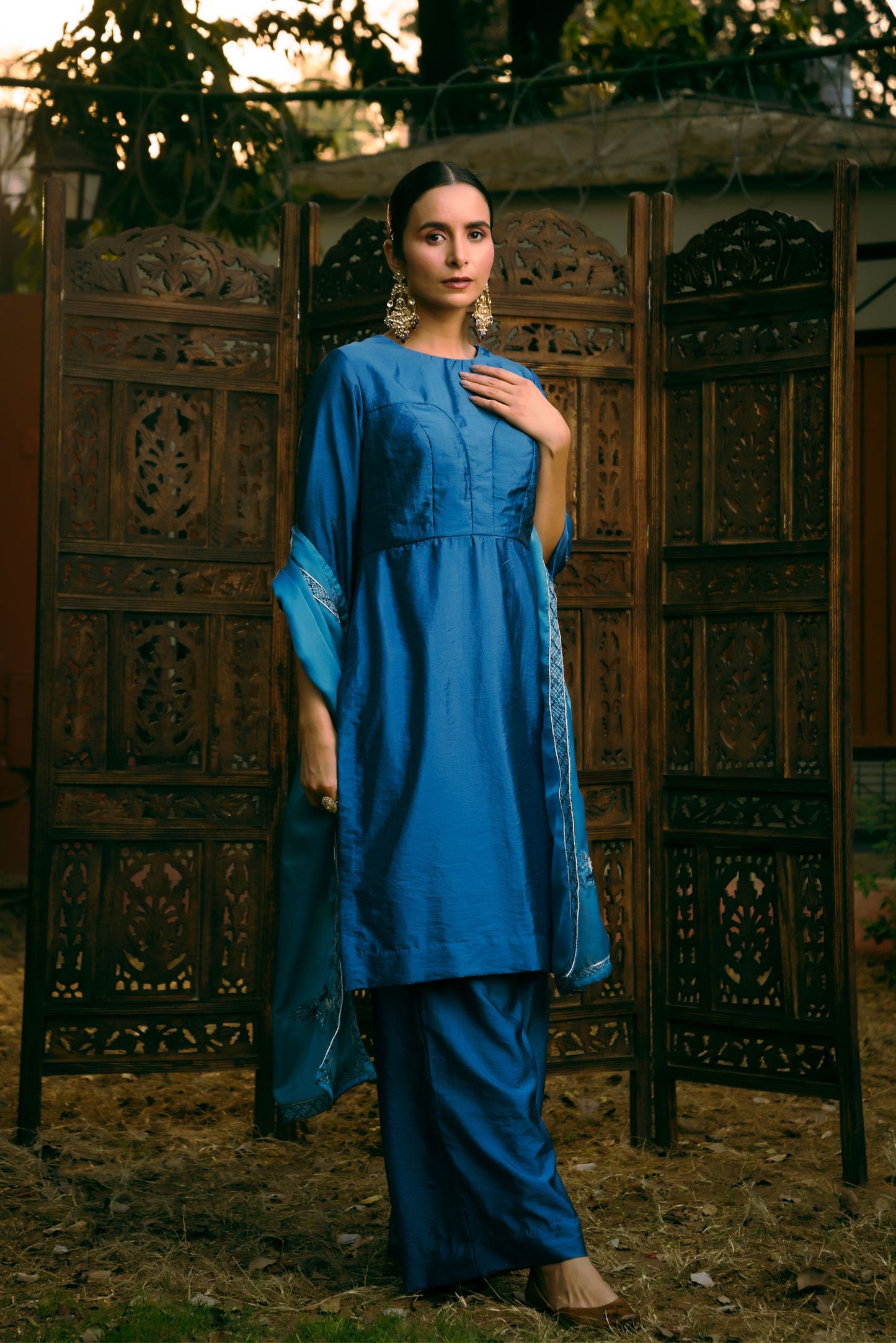 Blue Poly Silk kurti, pant & stole Set