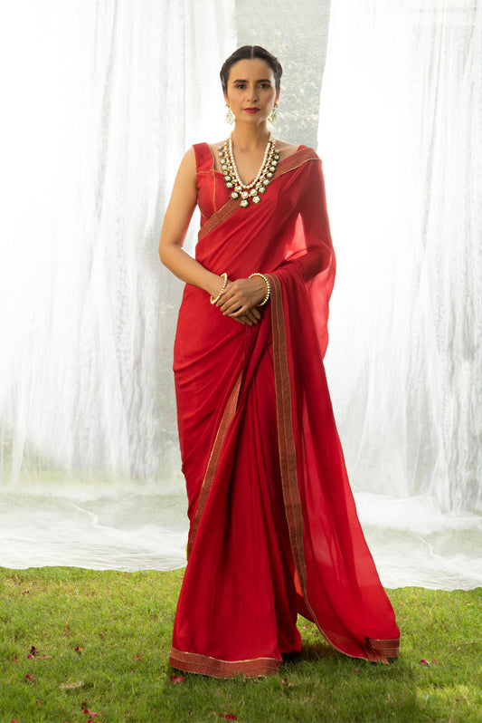 Red Chinnon Chiffon Saree & Blouse Set