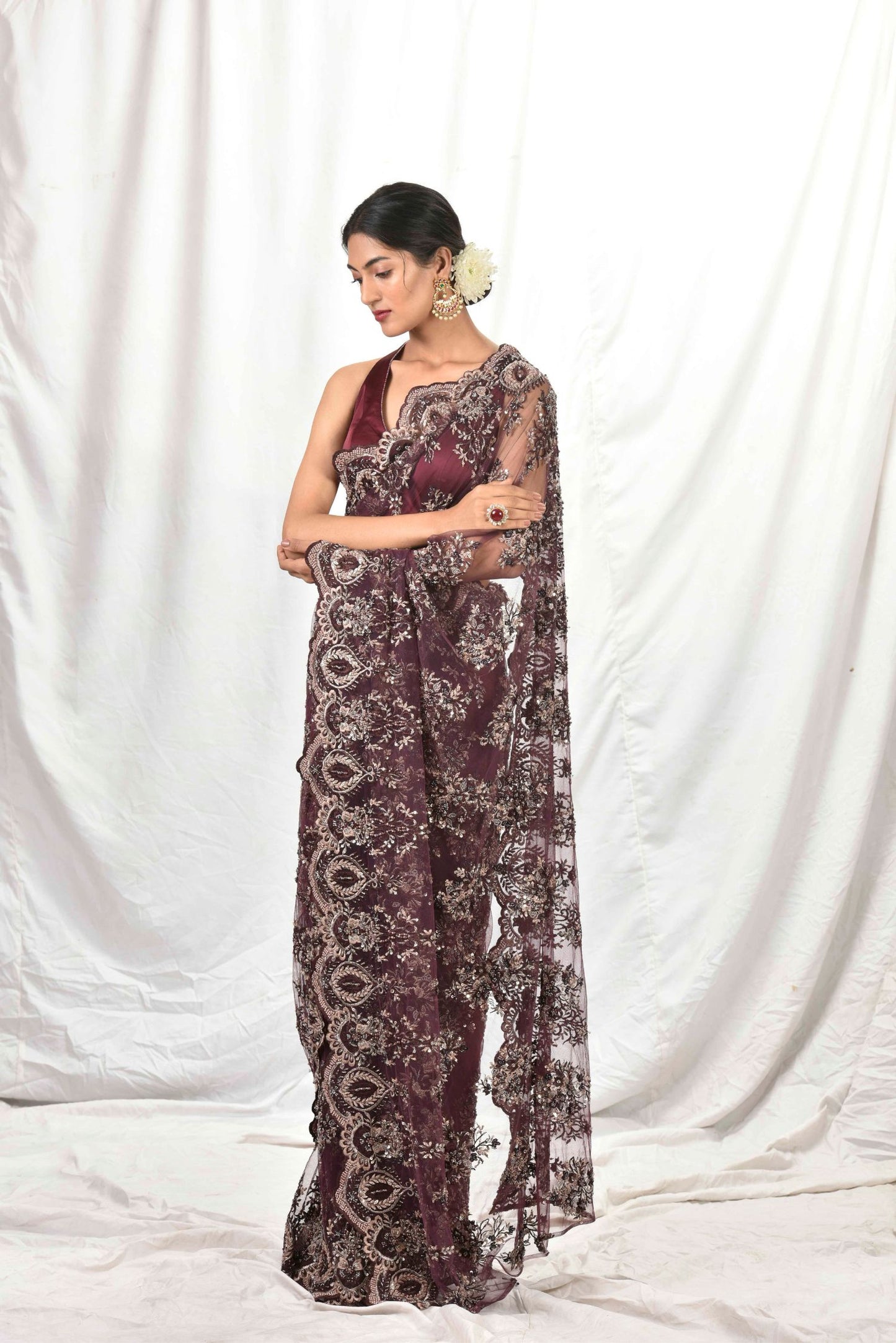 Wine Saree net Saree & blouse Set