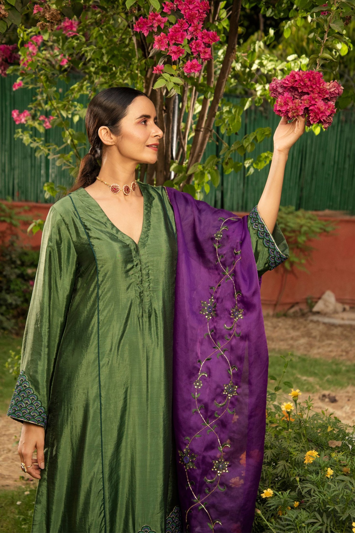 Green Poly Silk kurti, pant & stole Set