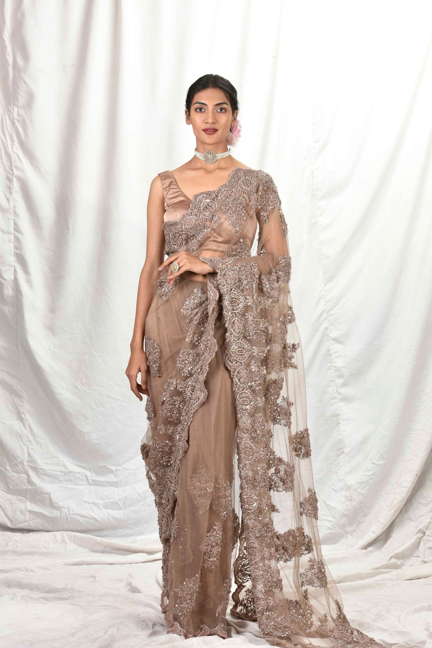 Fawn net Saree & blouse Set