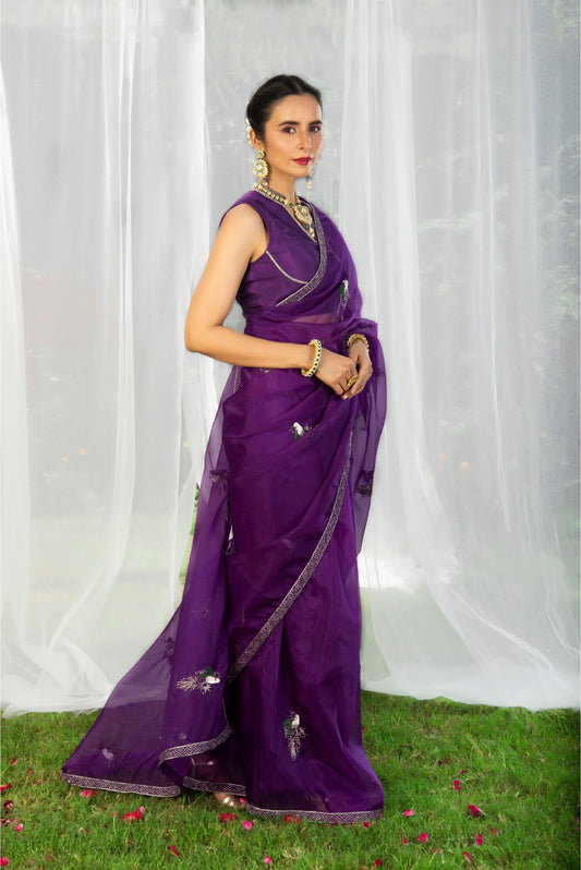 Purple Chinnon Chiffon Saree & Blouse Set