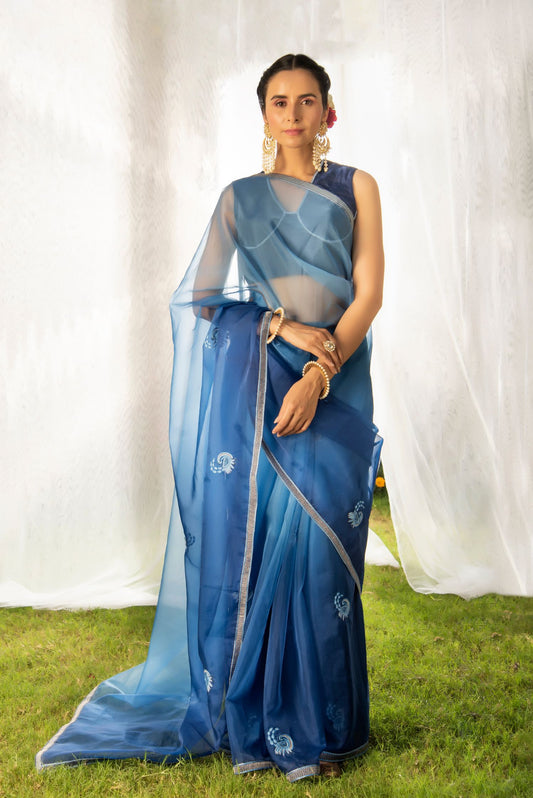 Shadesof Blue Organza Saree & Blouse Set