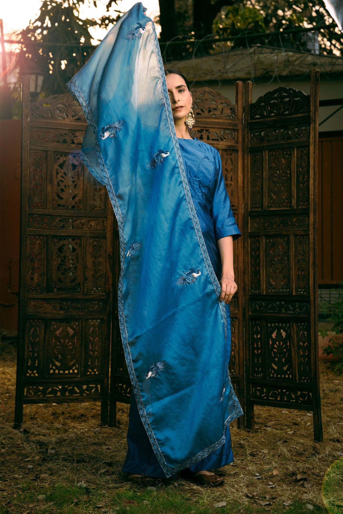 Blue Poly Silk kurti, pant & stole Set