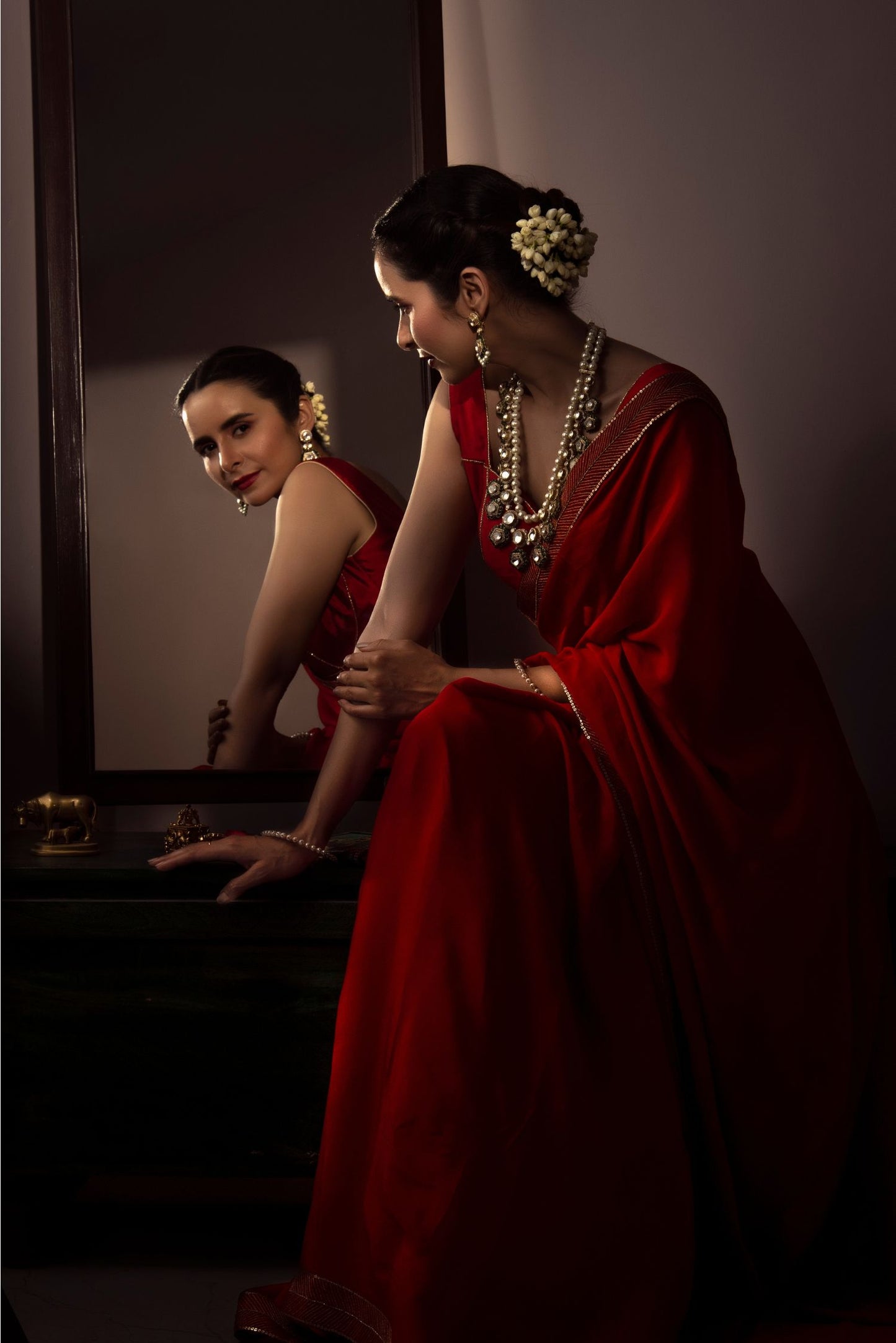 Red Chinnon Chiffon Saree & Blouse Set