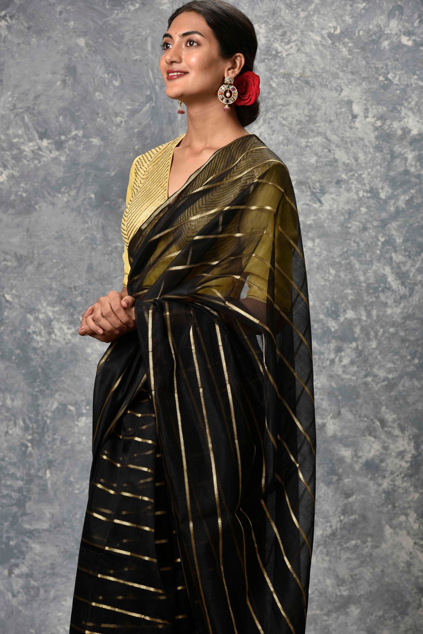 black chanderi with gold stripe Chanderi Saree & unstitched blouse Set