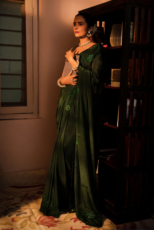 Bottle Green Chinnon Chiffon Saree & Blouse Set