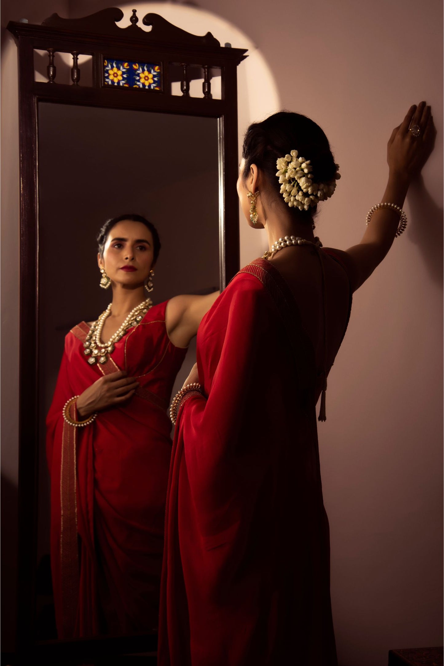 Red Chinnon Chiffon Saree & Blouse Set