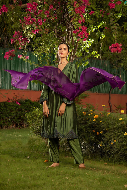 Green Poly Silk kurti, pant & stole Set