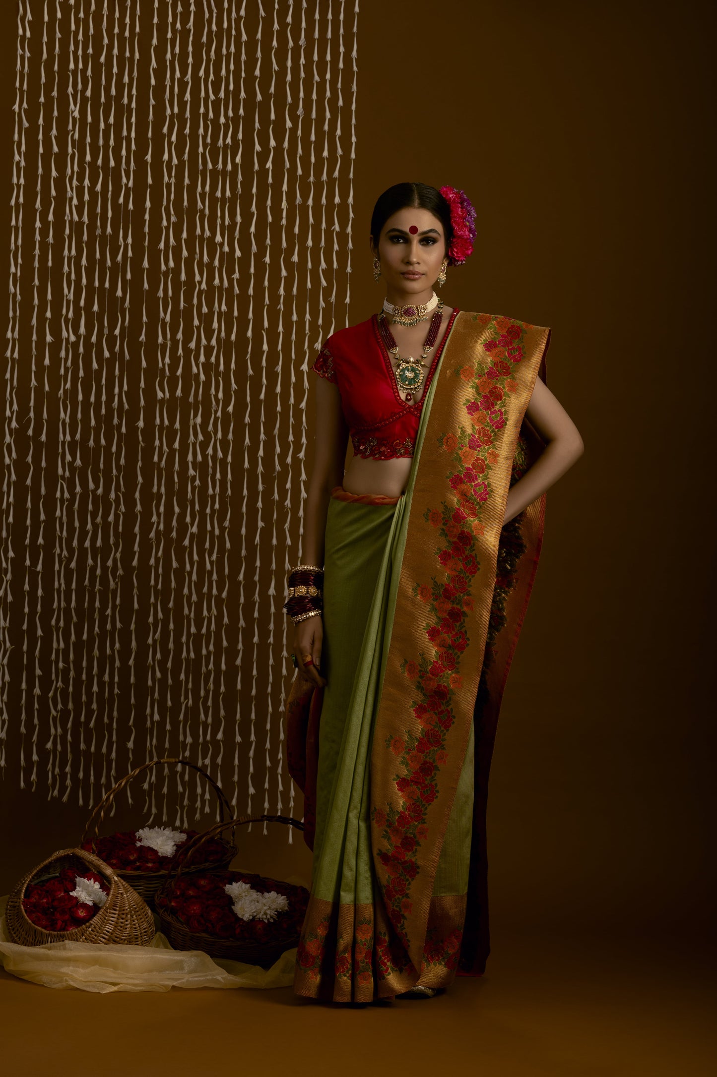 Light Green With Floral Gold Border Banarasi