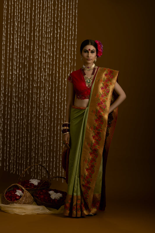 Light Green With Floral Gold Border Banarasi