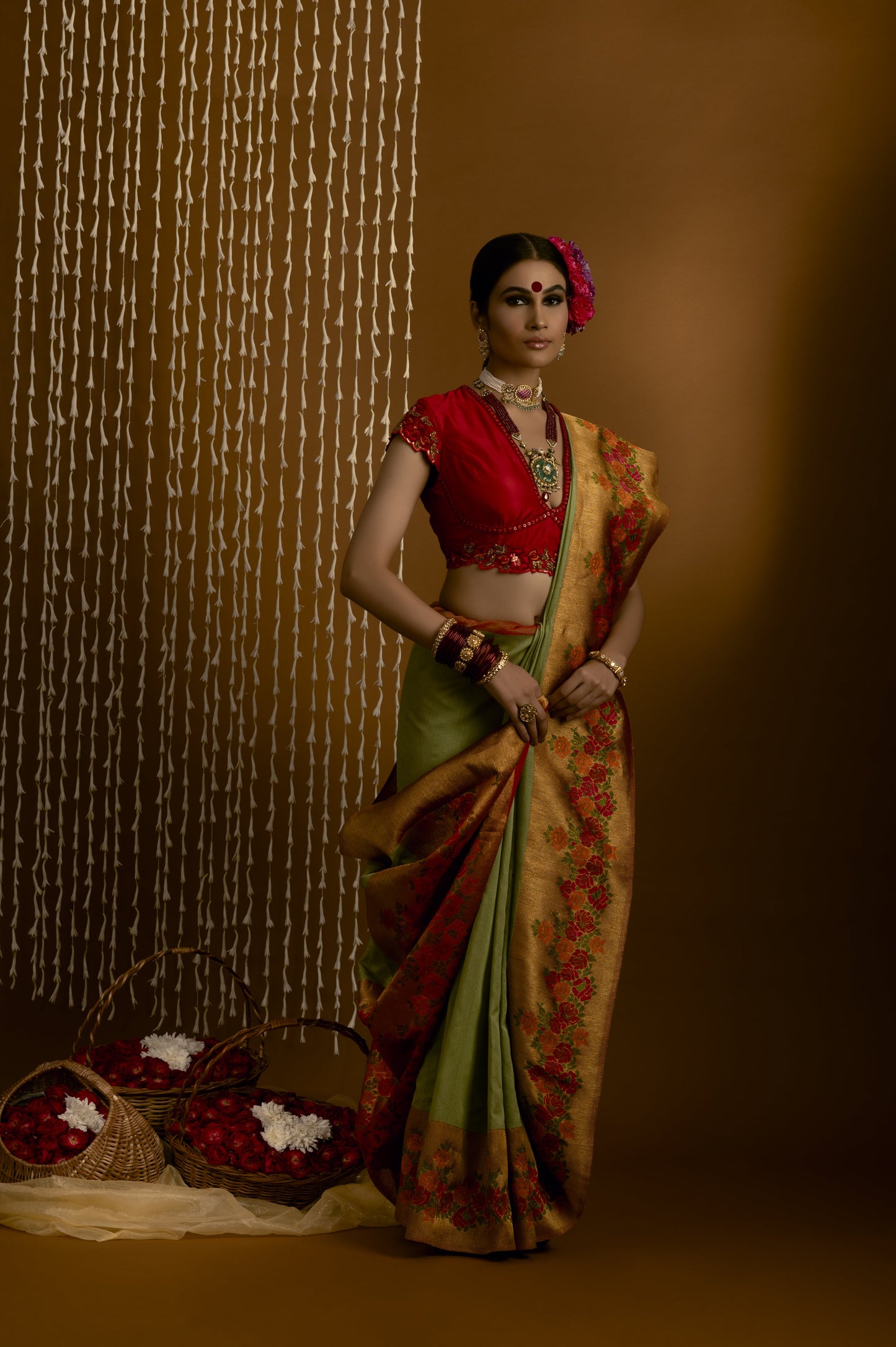 Light Green With Floral Gold Border Banarasi