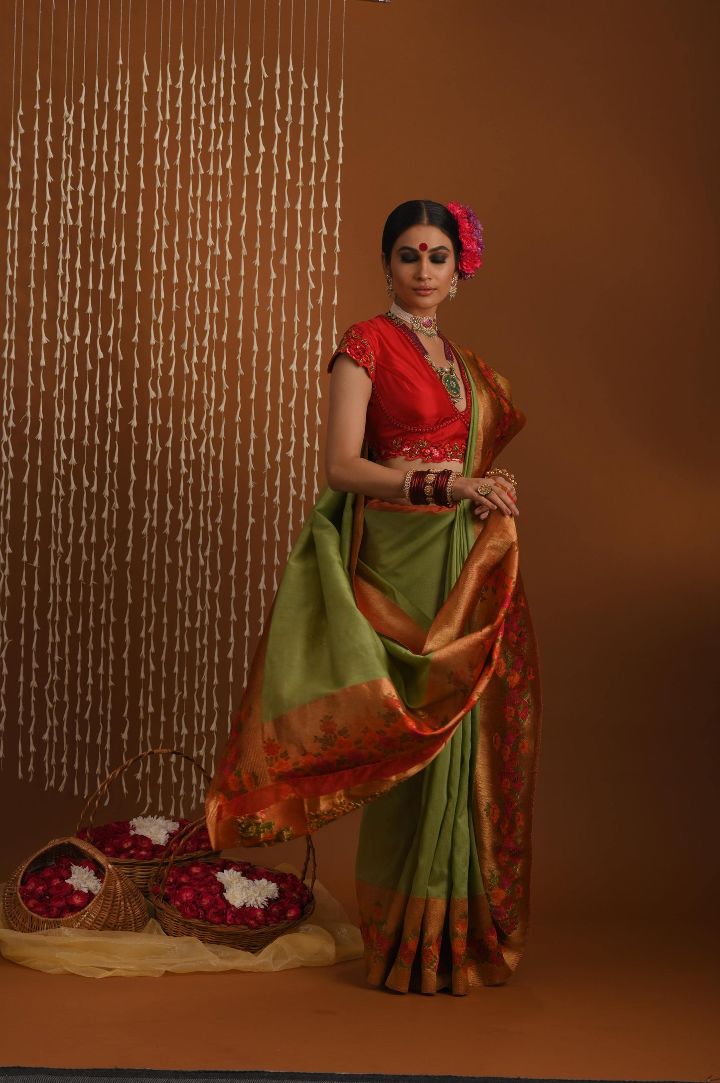 Light Green With Floral Gold Border Banarasi