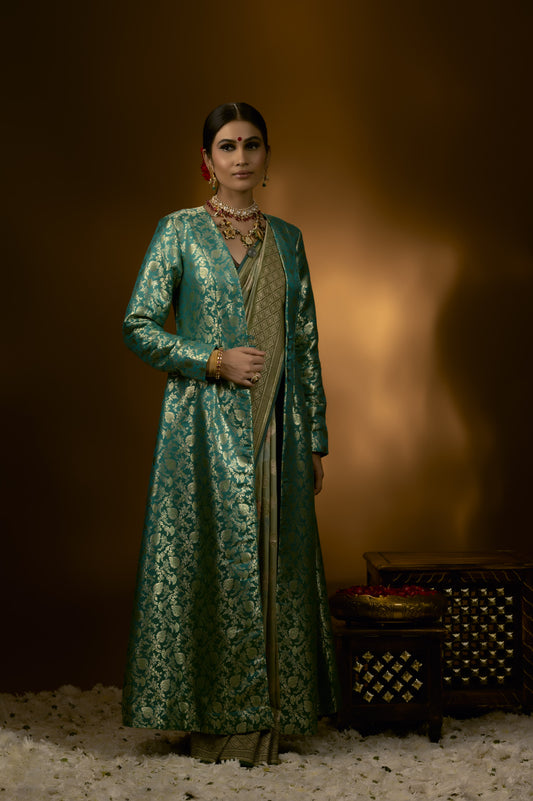 Green with Golden Long Jacket Banarasi