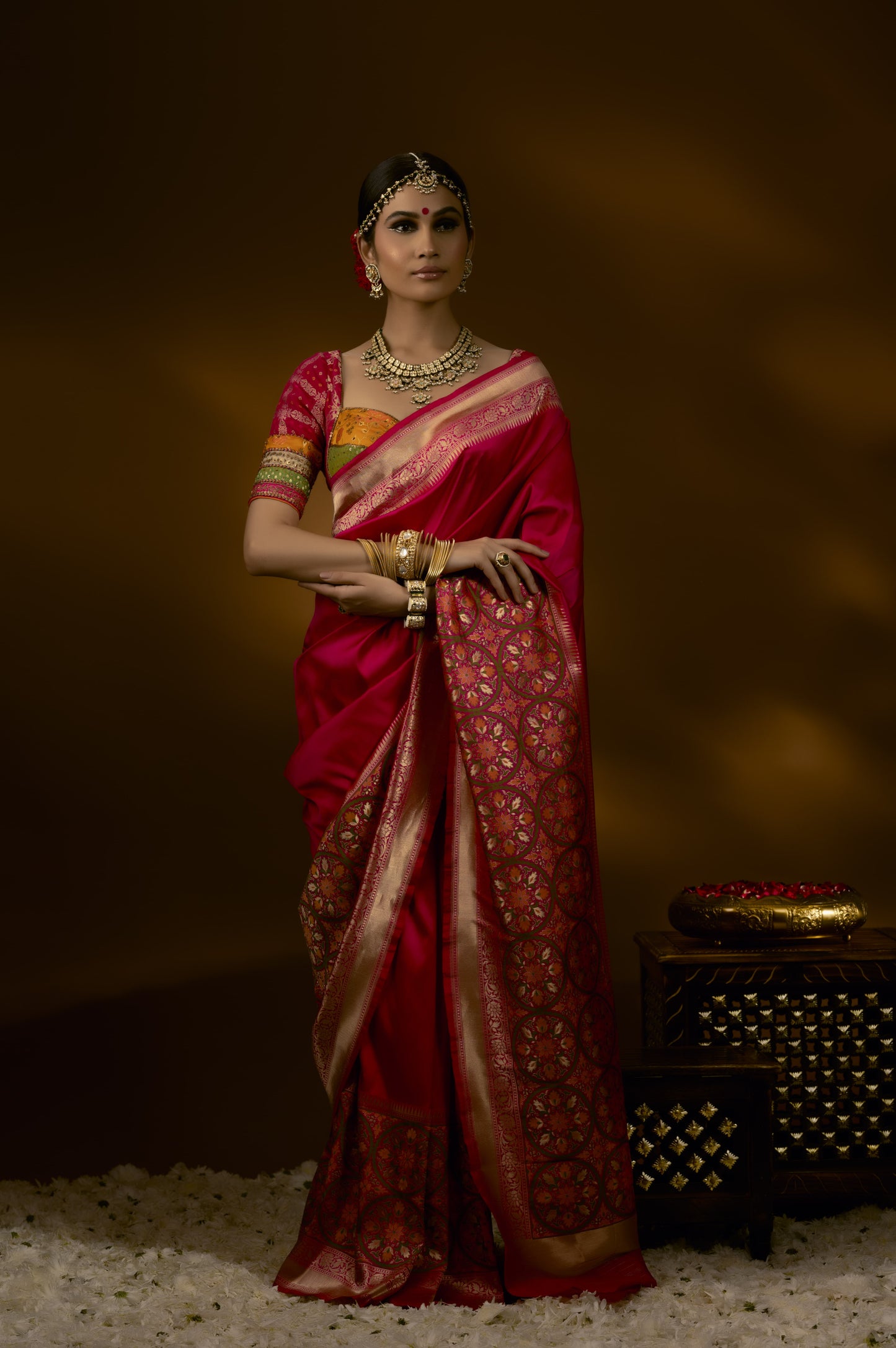 Dark Pink Geometrical Border Banarasi