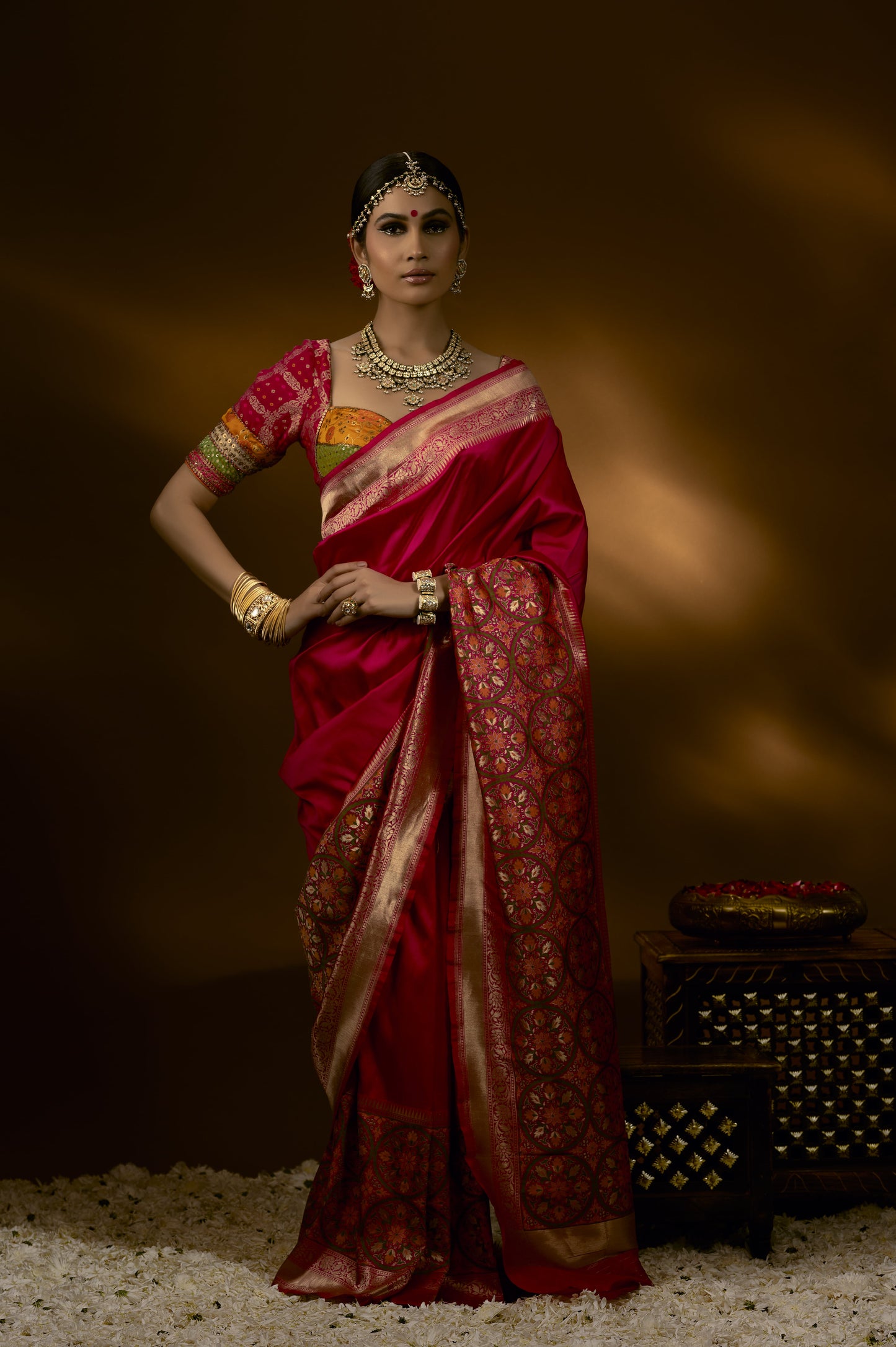 Dark Pink Geometrical Border Banarasi