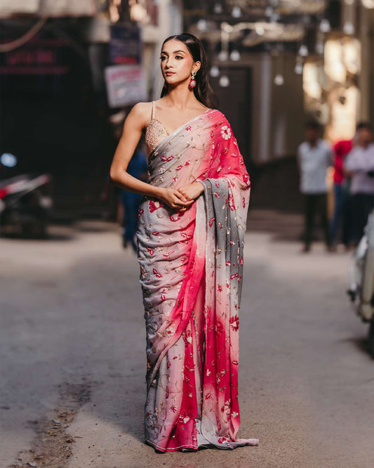 Pink and grey Chiffon Saree