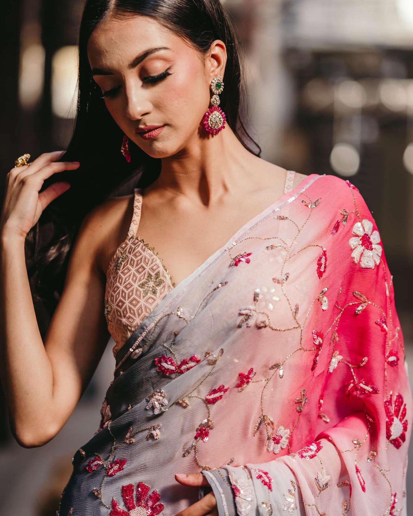 Pink and grey Chiffon Saree