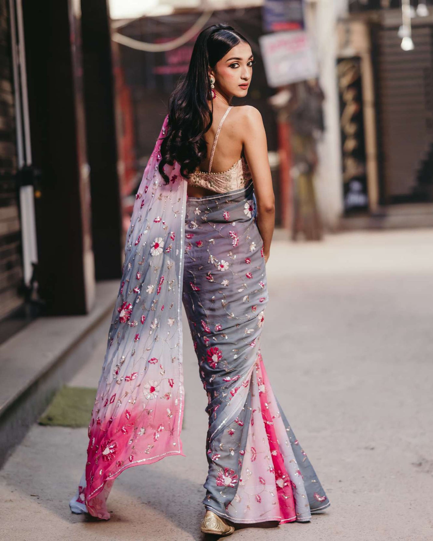 Pink and grey Chiffon Saree