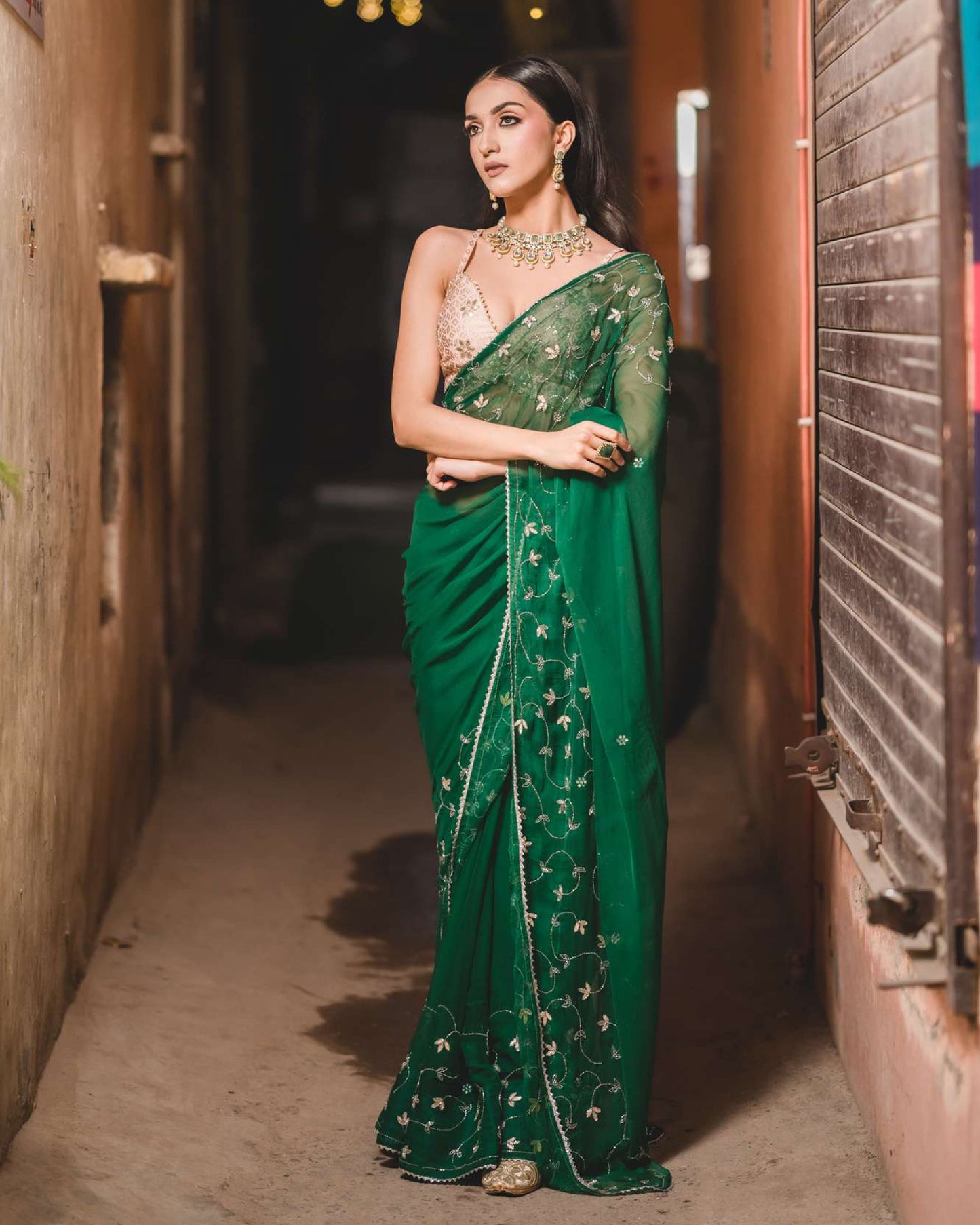 Dark Green Chiffon Saree