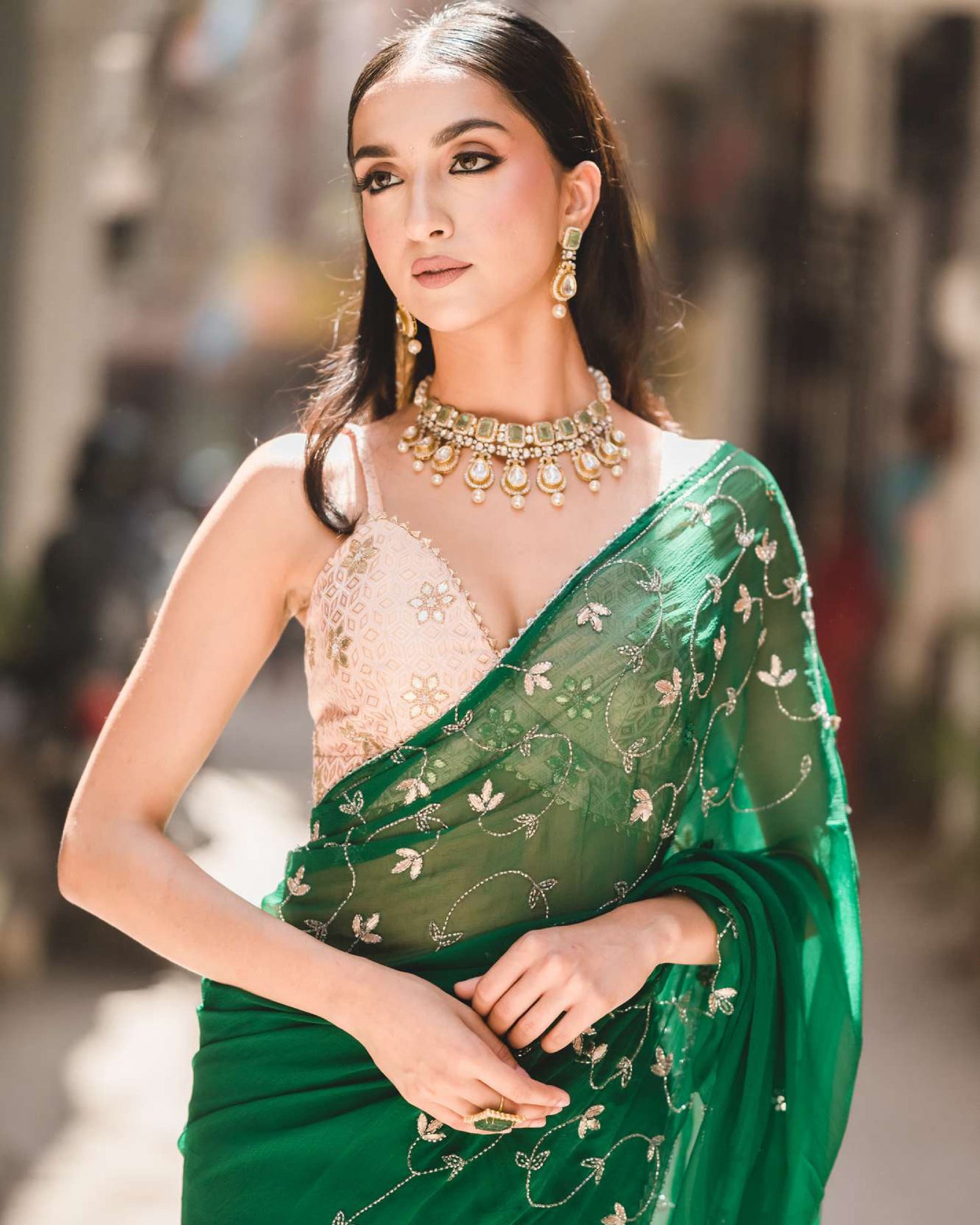 Dark Green Chiffon Saree