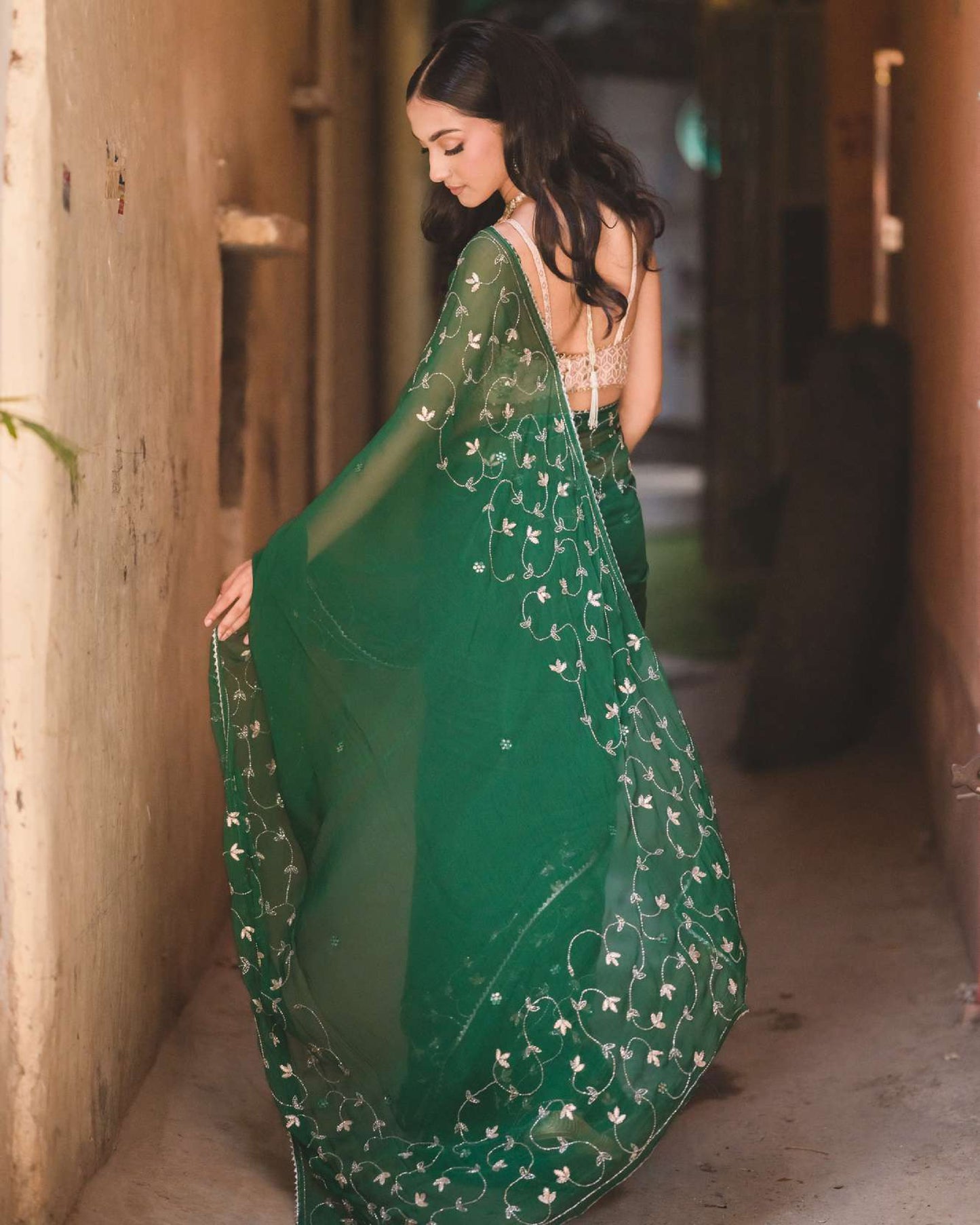 Dark Green Chiffon Saree