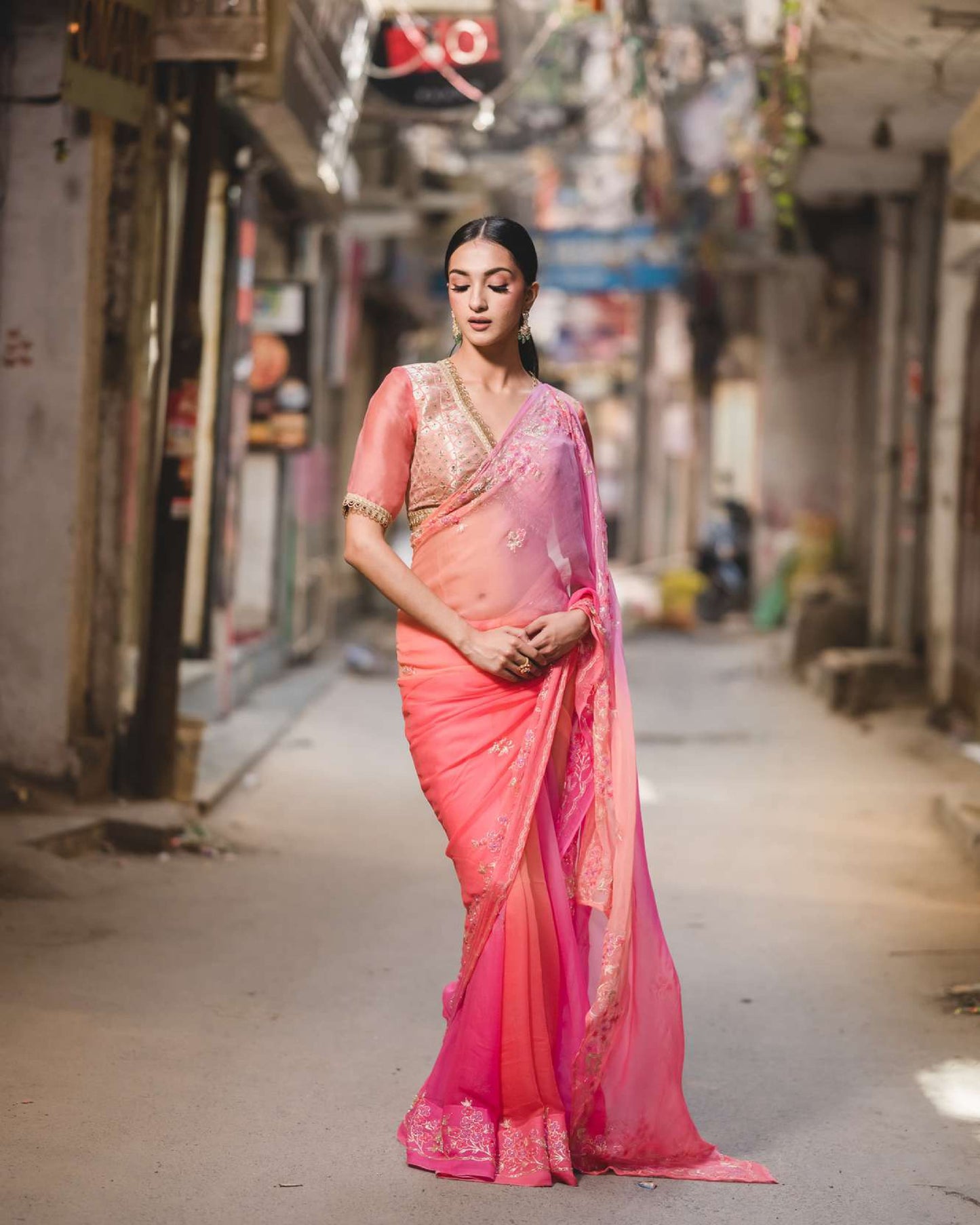 Peach and Pink Chiffon Saree