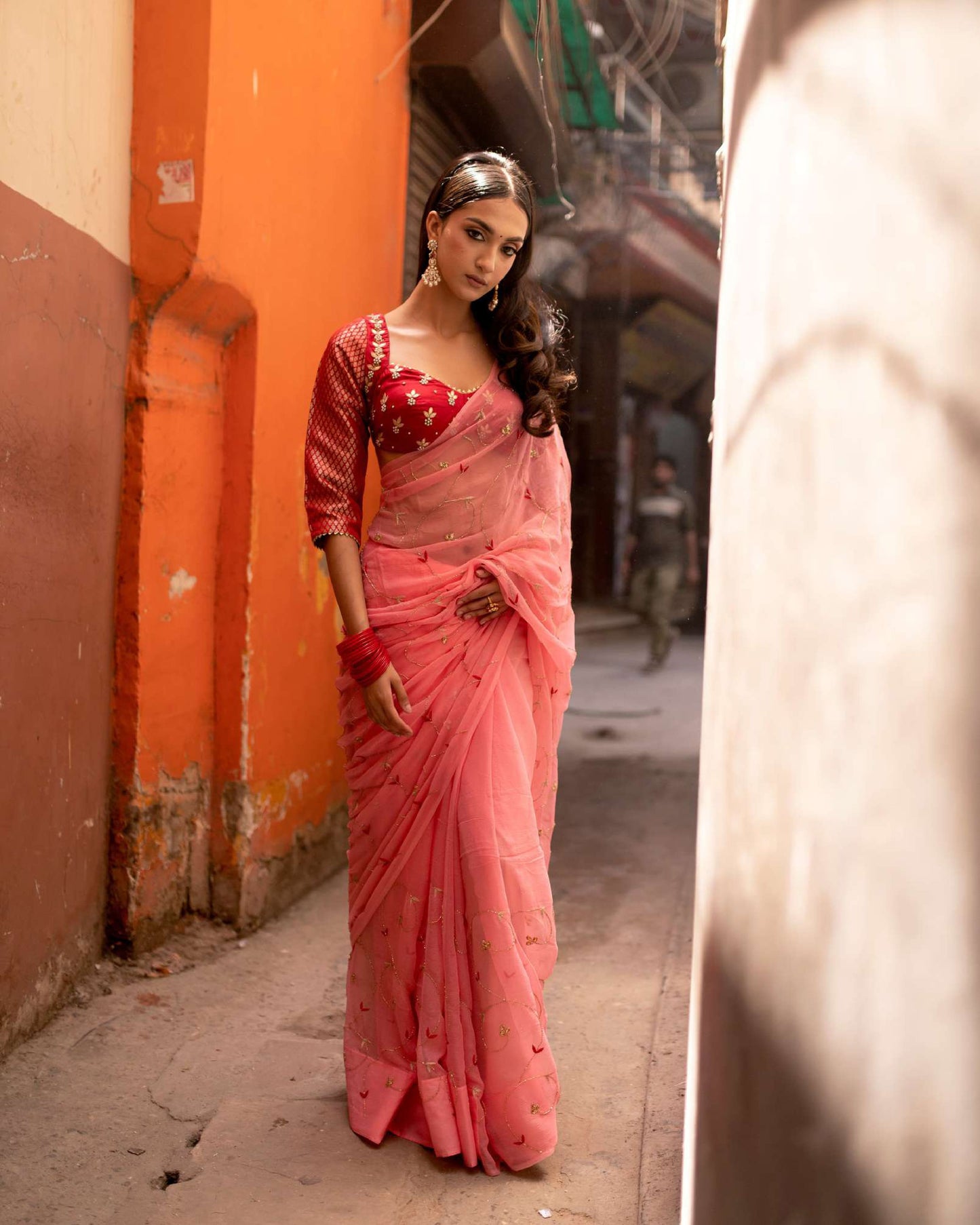 Peach Pink Chiffon Saree