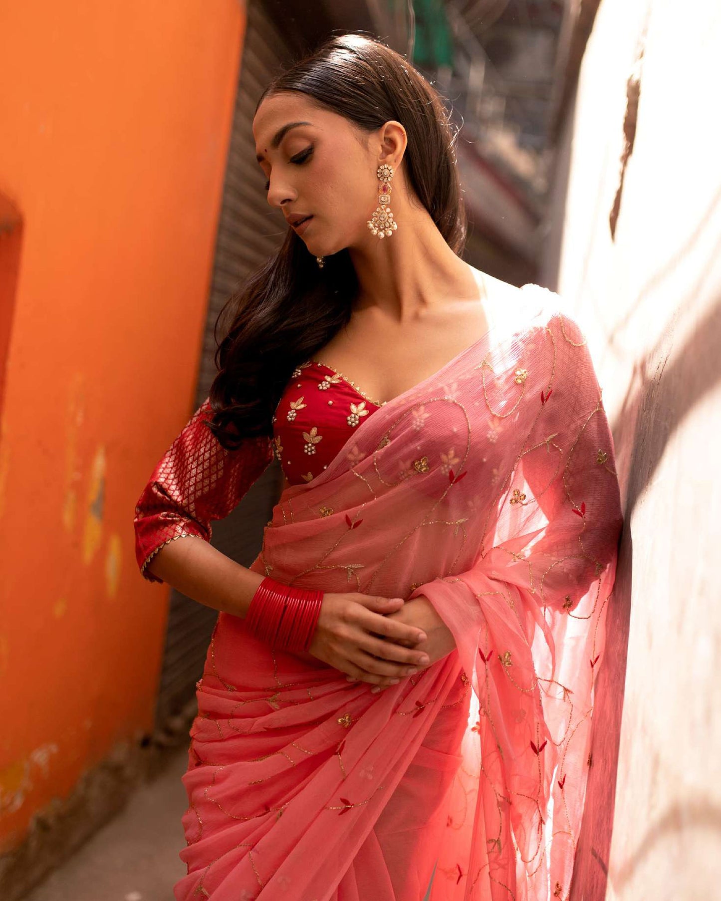 Peach Pink Chiffon Saree