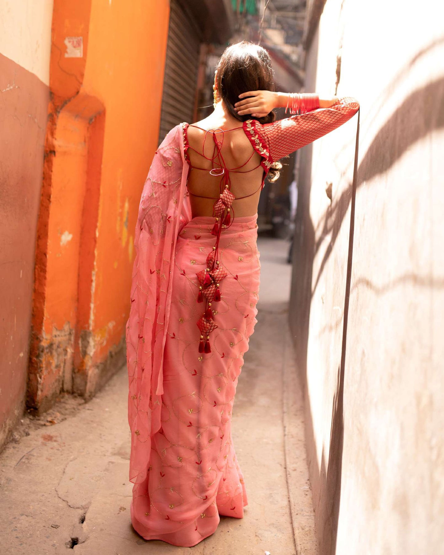 Peach Pink Chiffon Saree