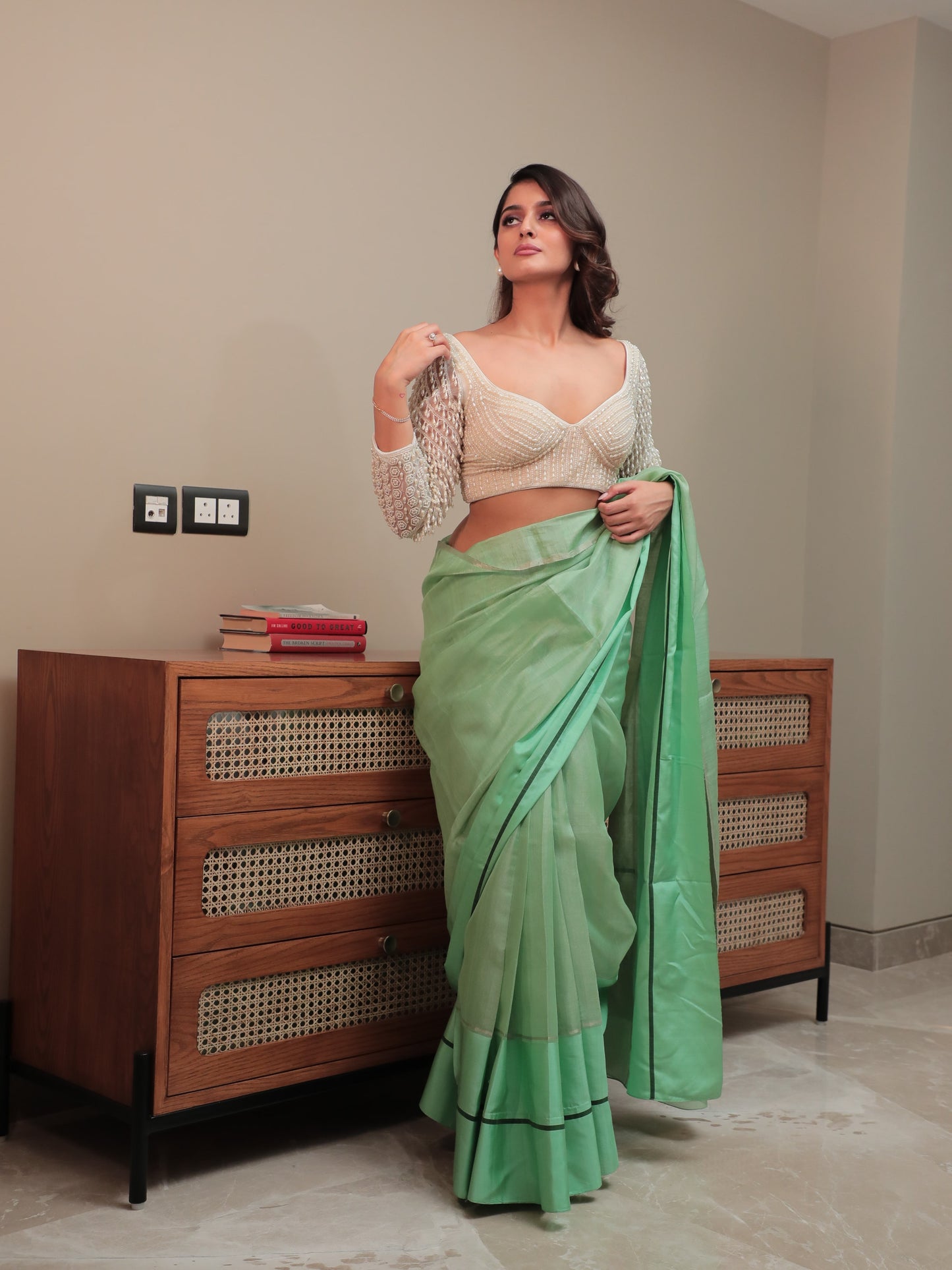 Green Chanderi Tissue Plain Saree