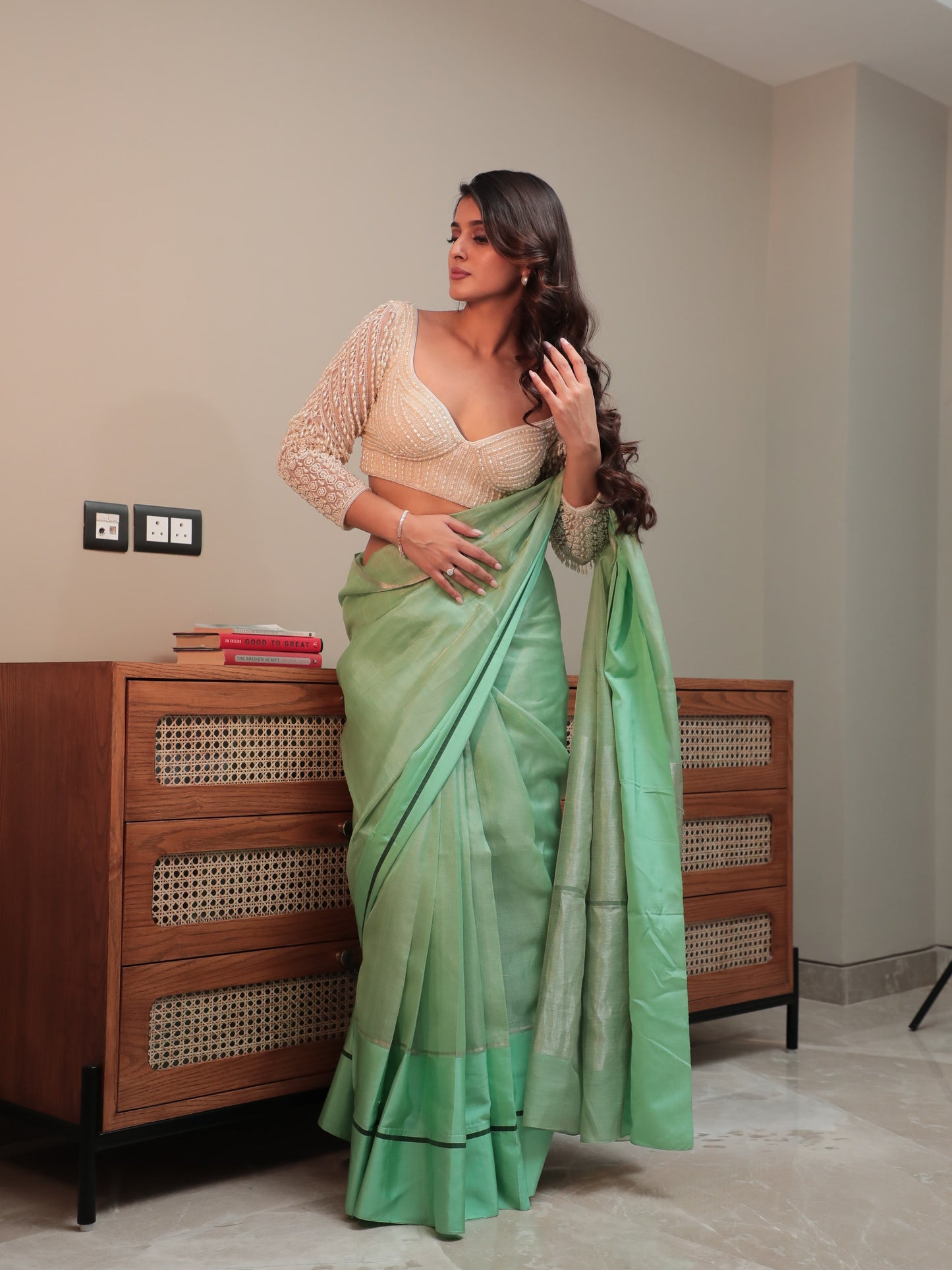 Green Chanderi Tissue Plain Saree