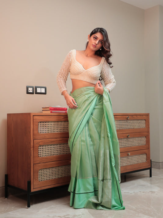 Green Chanderi Tissue Plain Saree