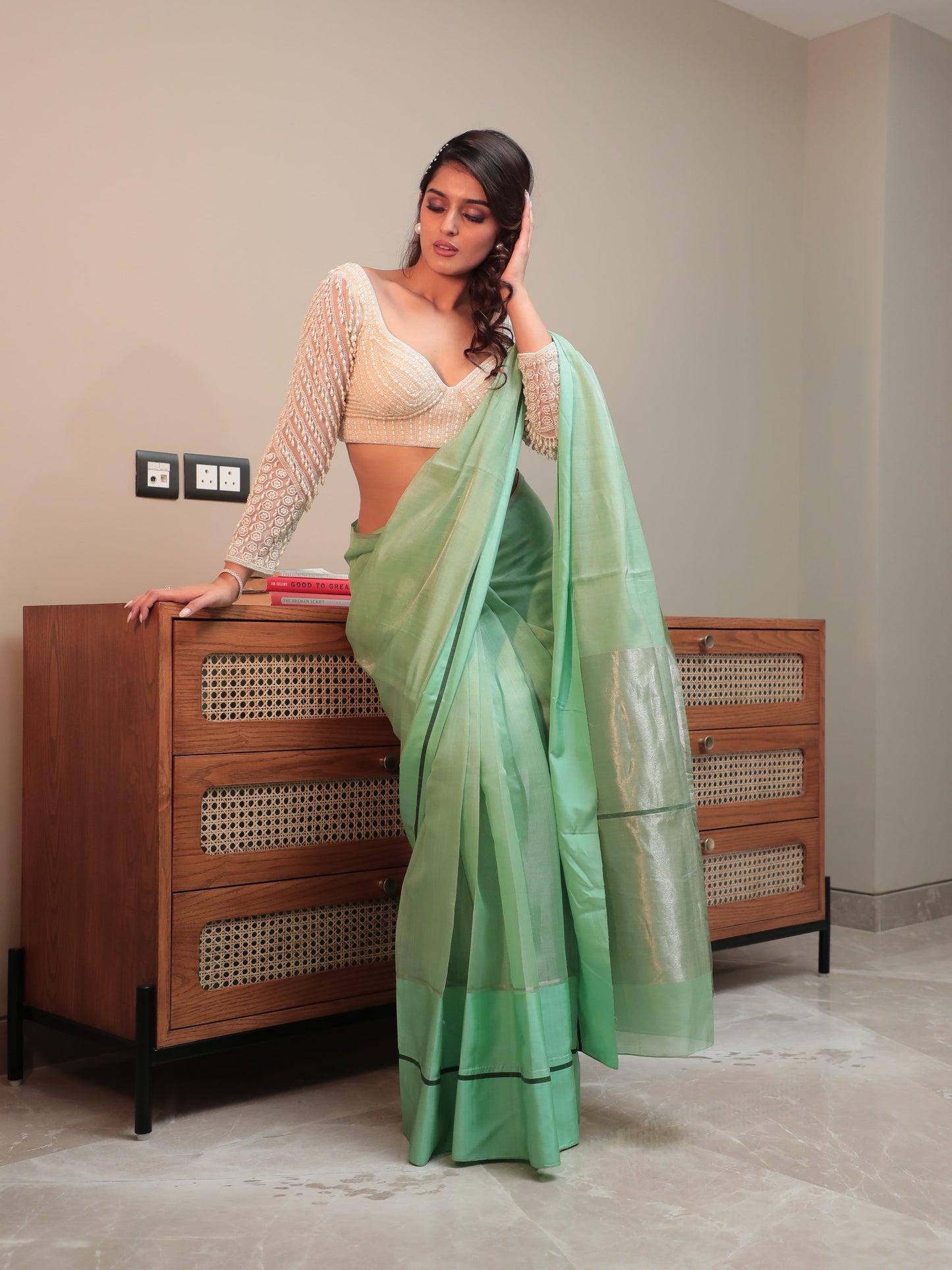 Green Chanderi Tissue Plain Saree