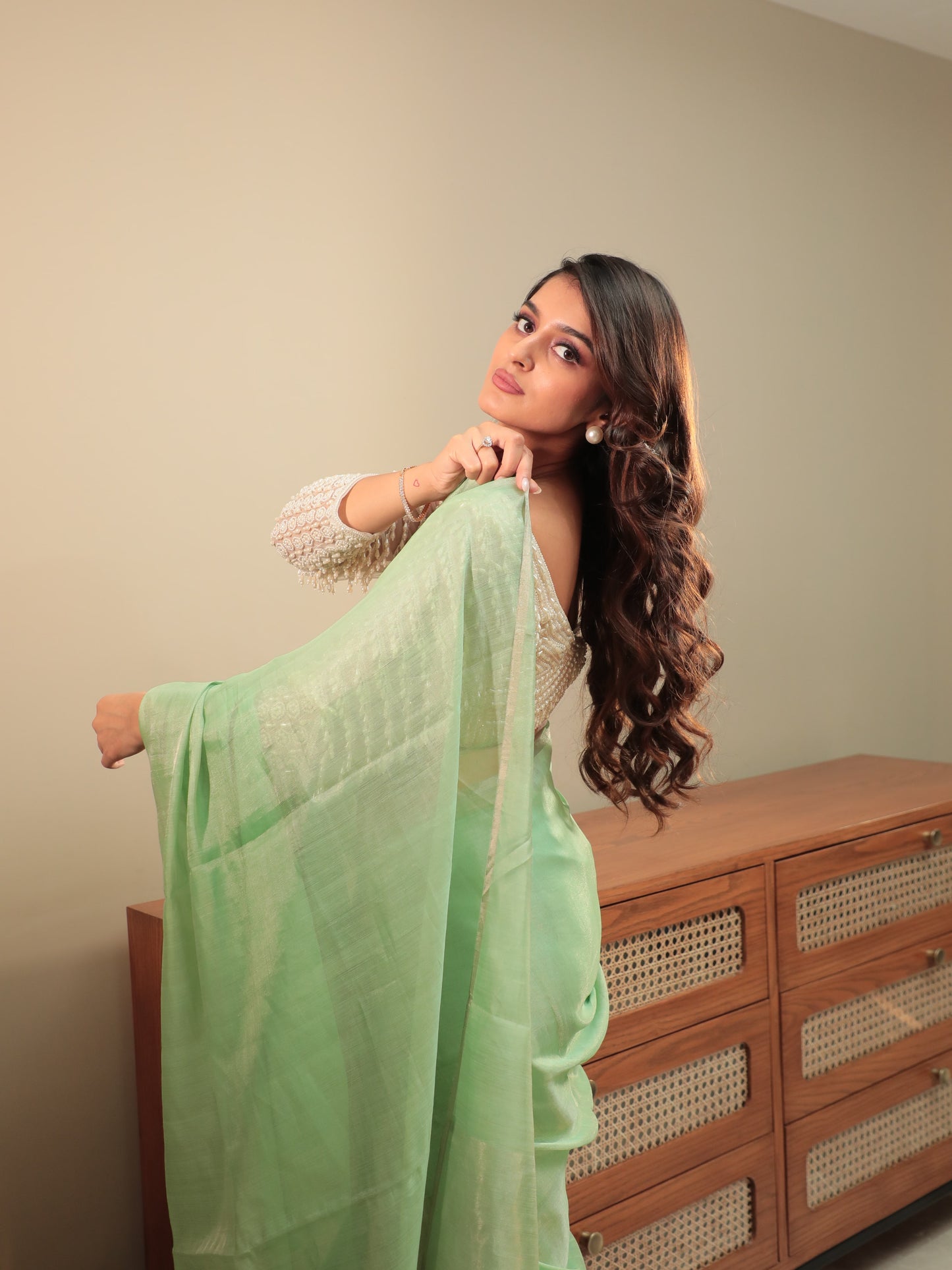 Green Chanderi Tissue Plain Saree