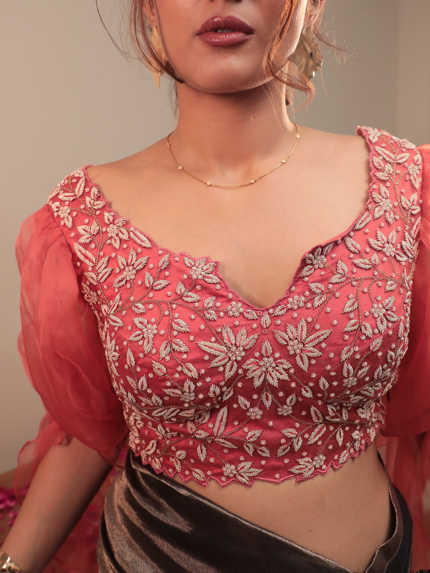 Coral red Hand Embroidery blouse