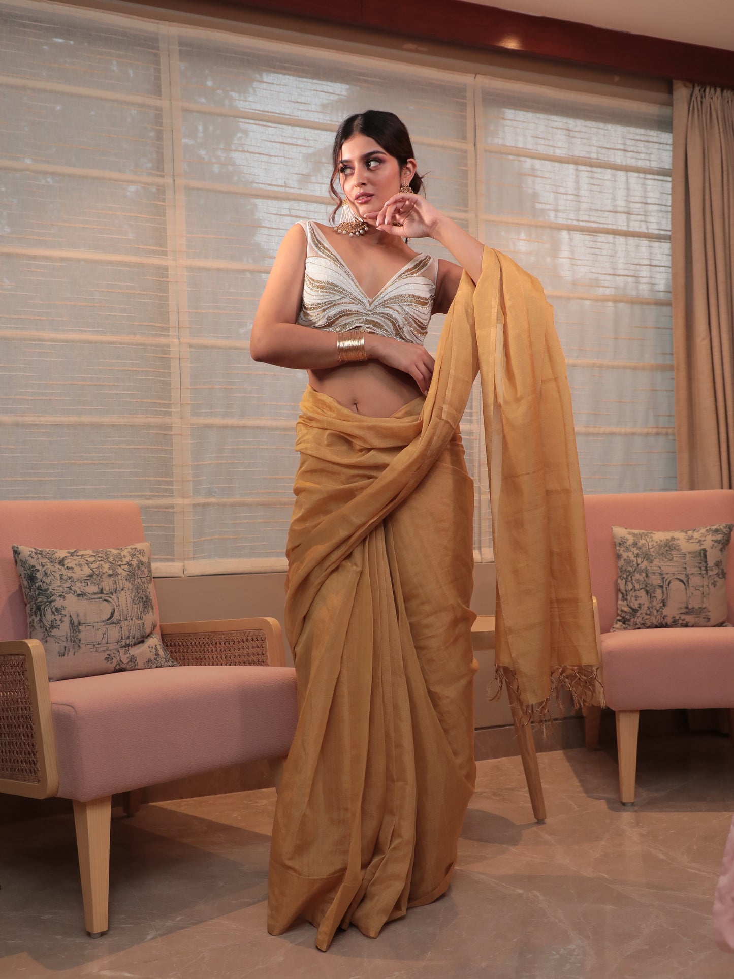 Gold Tissue Plain Saree