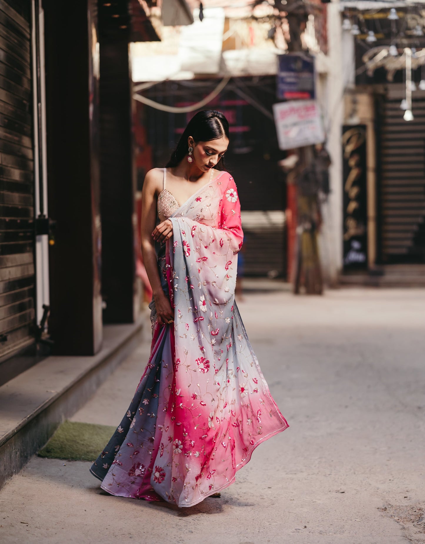 Pink and grey Chiffon Saree