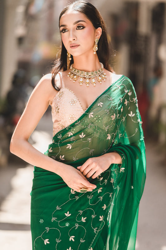 Dark Green Chiffon Saree