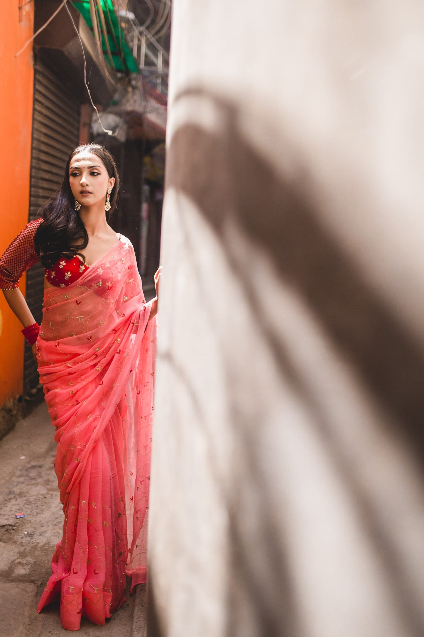 Peach Pink Chiffon Saree