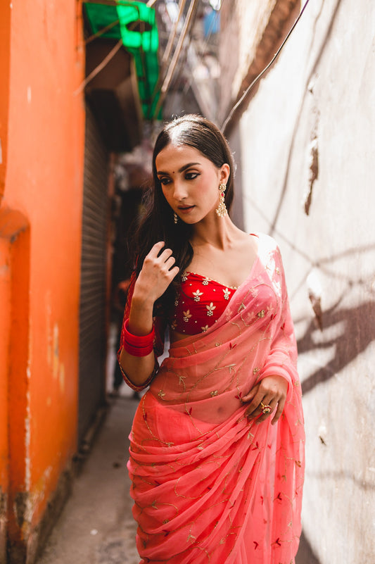 Peach Pink Chiffon Saree