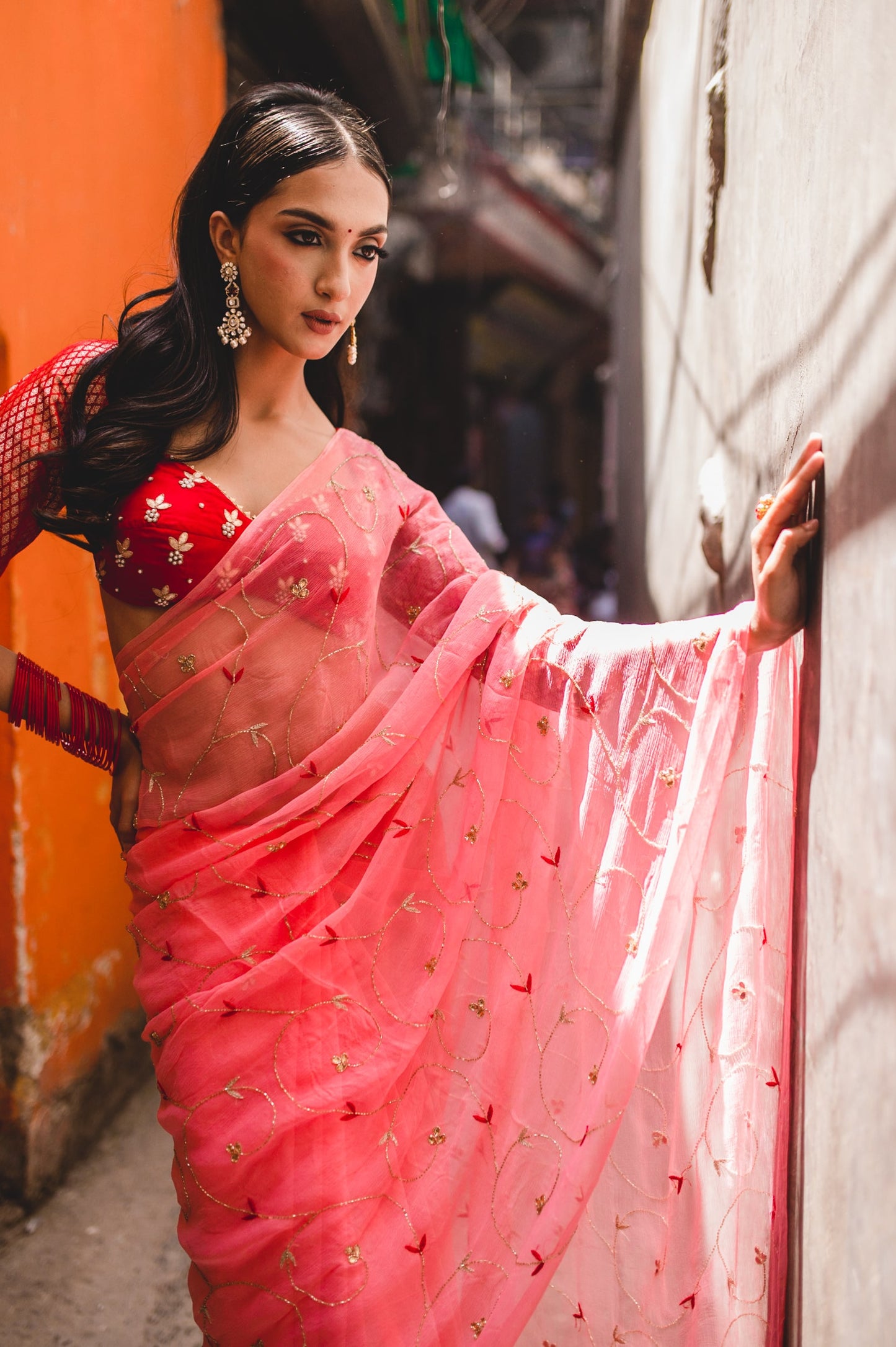 Peach Pink Chiffon Saree