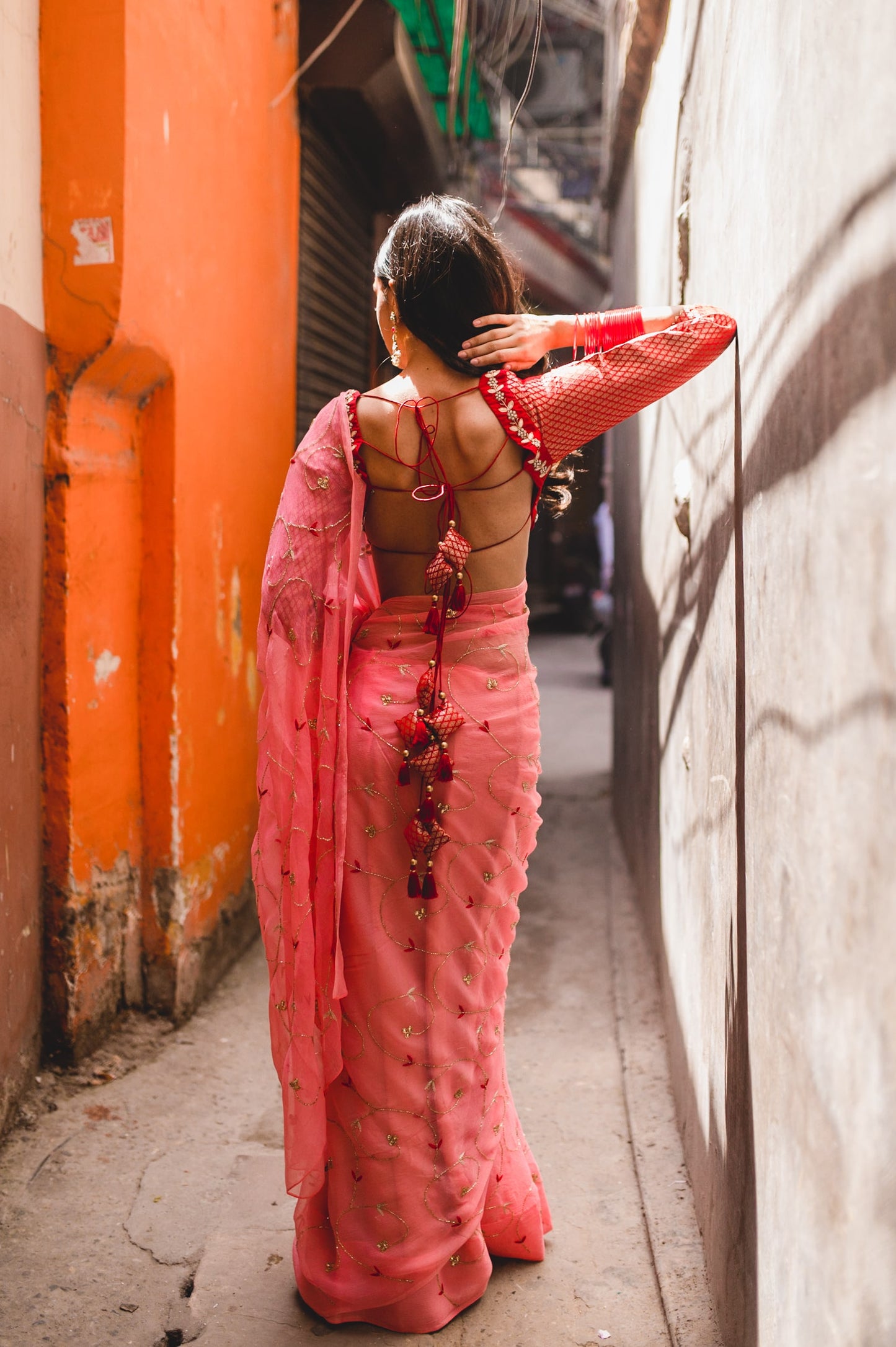 Peach Pink Chiffon Saree