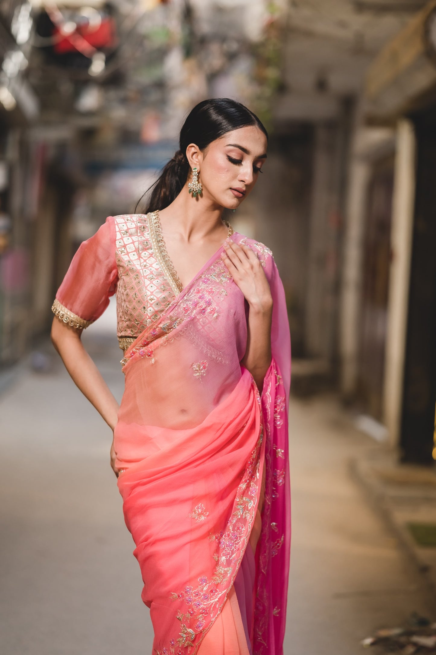 Peach and Pink Chiffon Saree