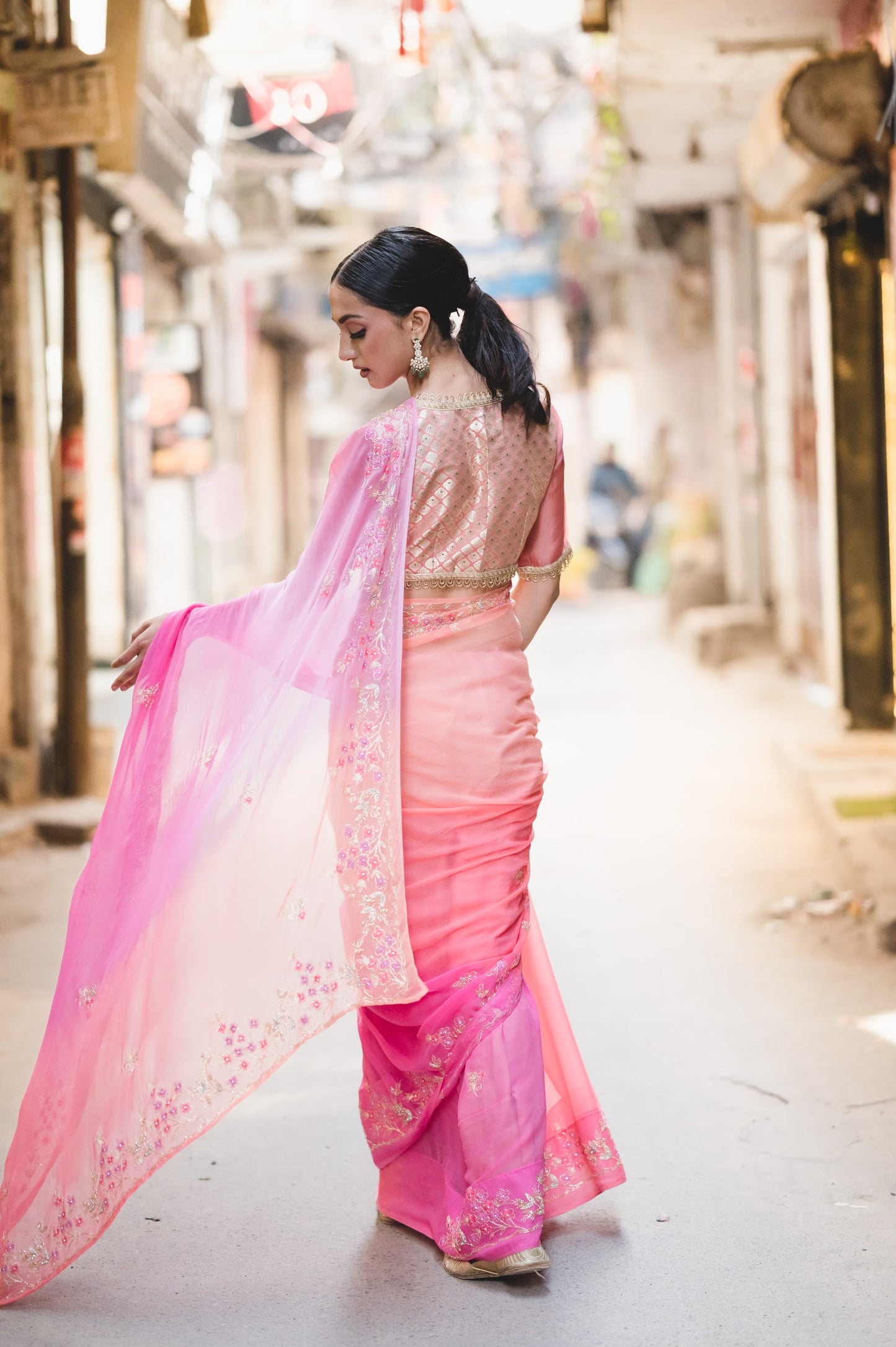 Peach and Pink Chiffon Saree