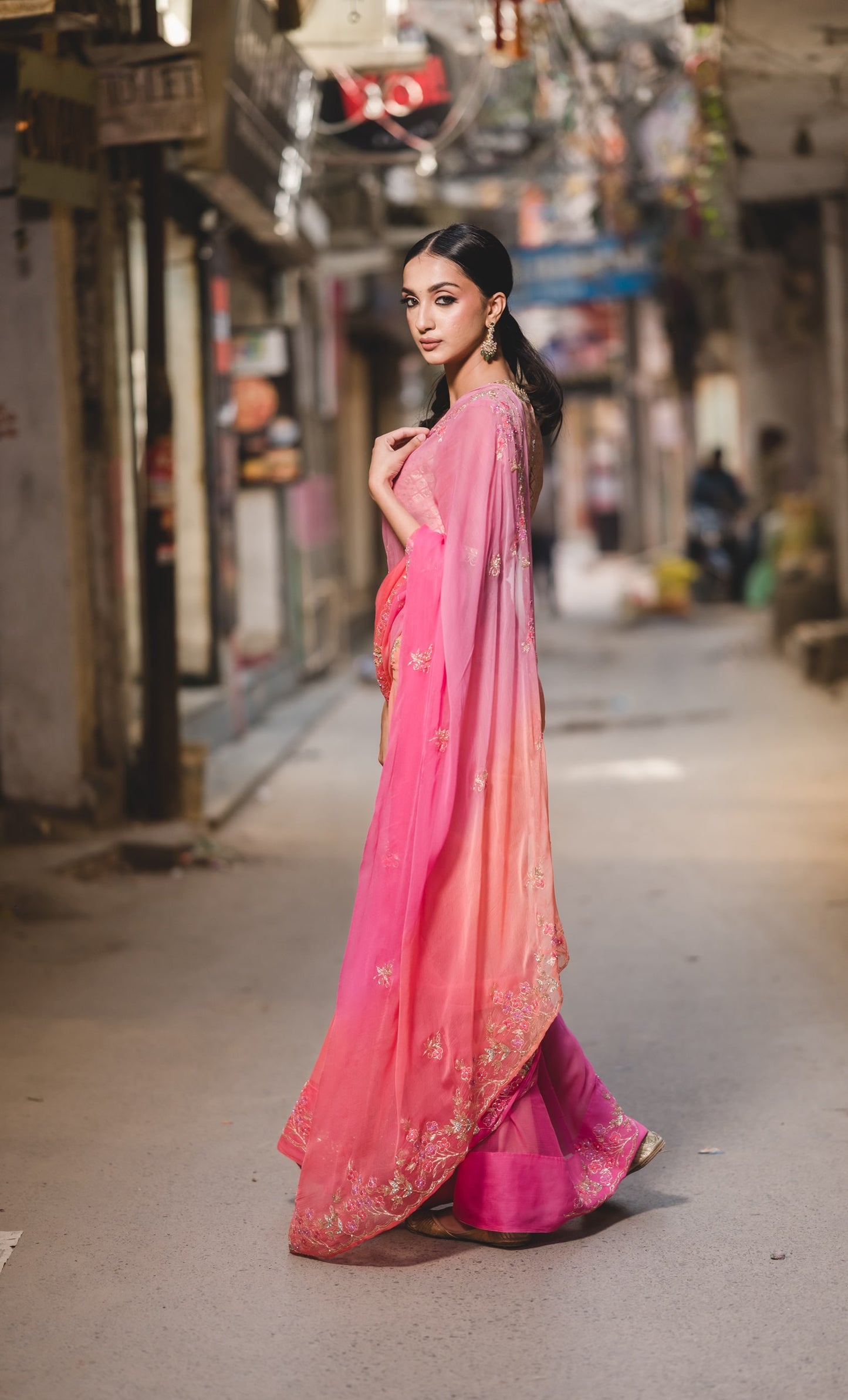 Peach and Pink Chiffon Saree