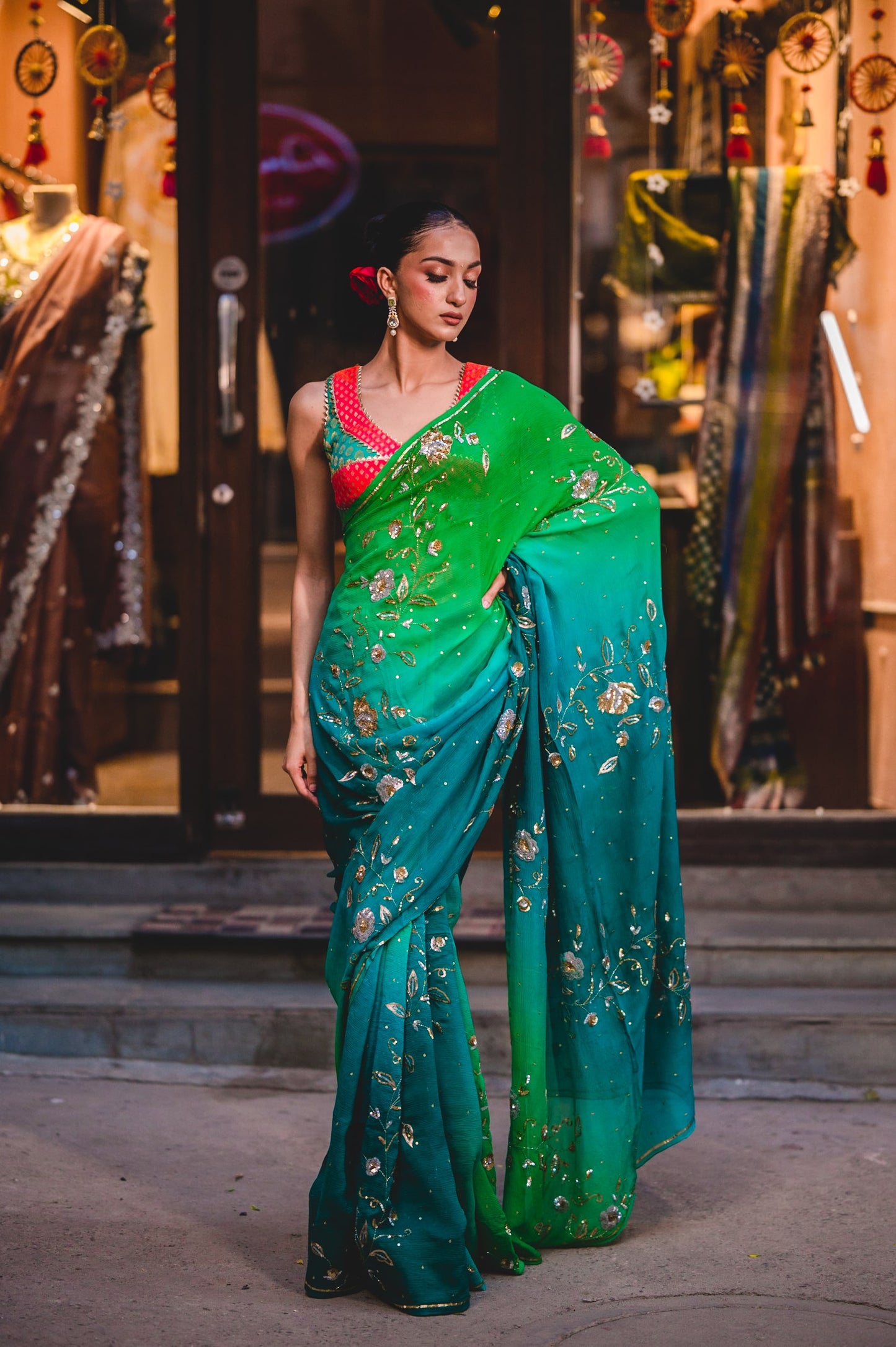 Green Blue Chiffon Saree