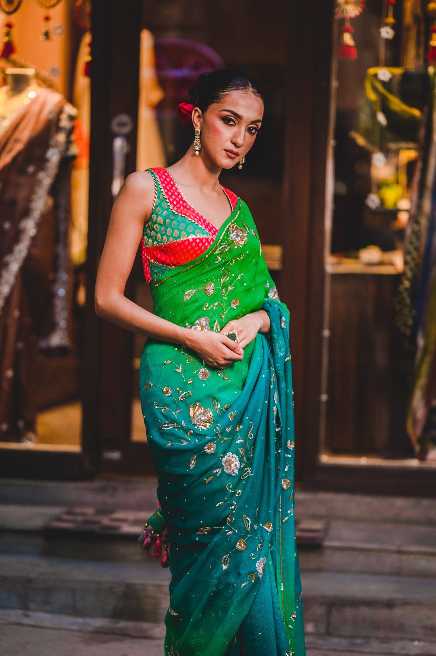 Green Blue Chiffon Saree